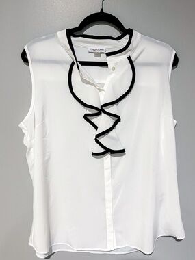 Calvin Klein White Sleeveless Ruffle-Trim Camisole with Black Piping